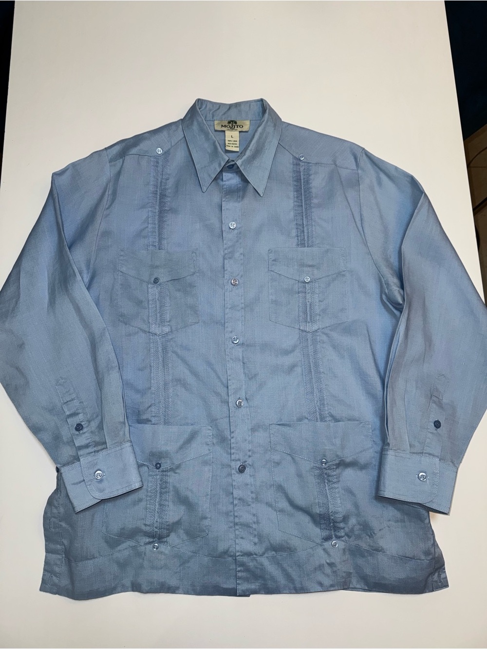 Mojito Men’s Linen Woven Button-Up Shirt Blue Solid Point Collar Pockets L